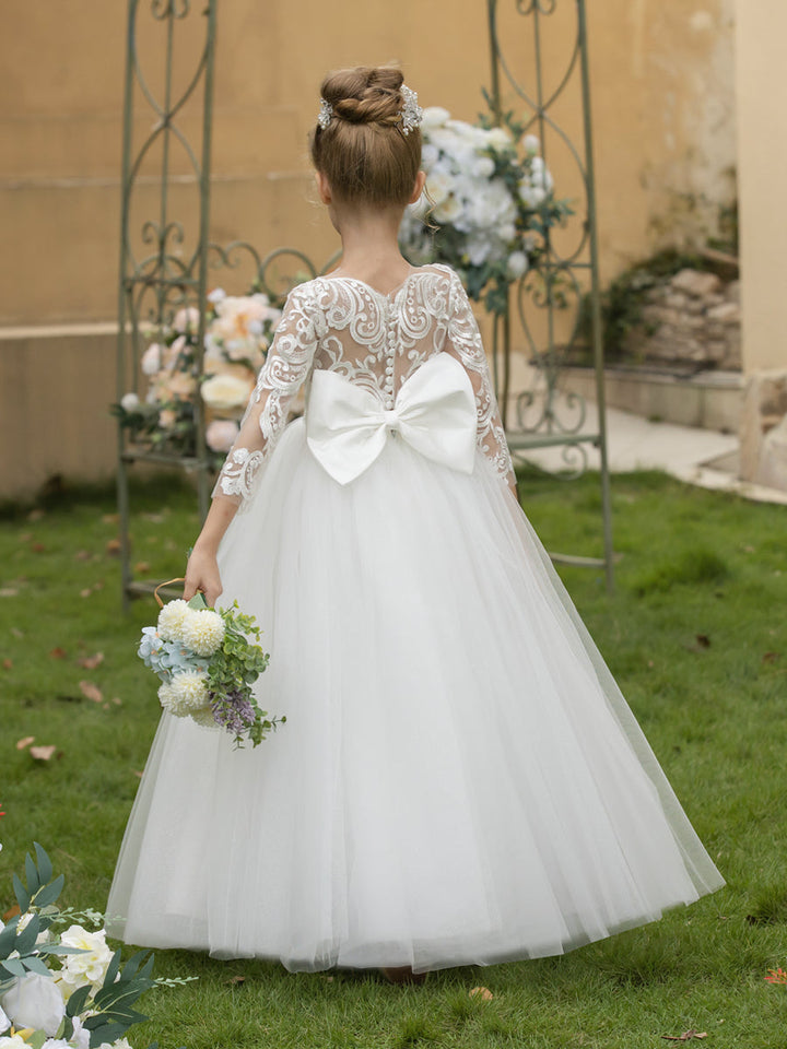 Crew Neck Tulle Flower Girl Dresses with Applique &amp; Satin Bowknot