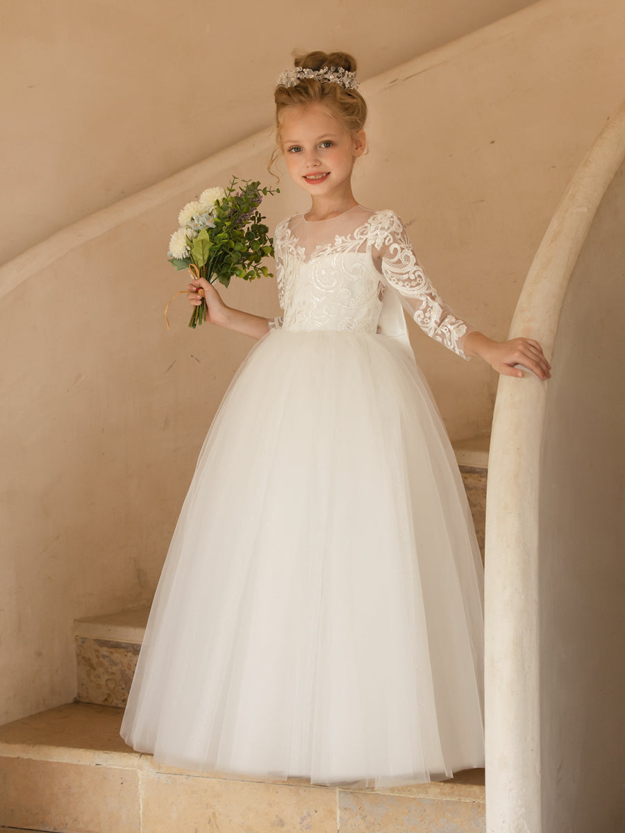 Crew Neck Tulle Flower Girl Dresses with Applique &amp; Satin Bowknot