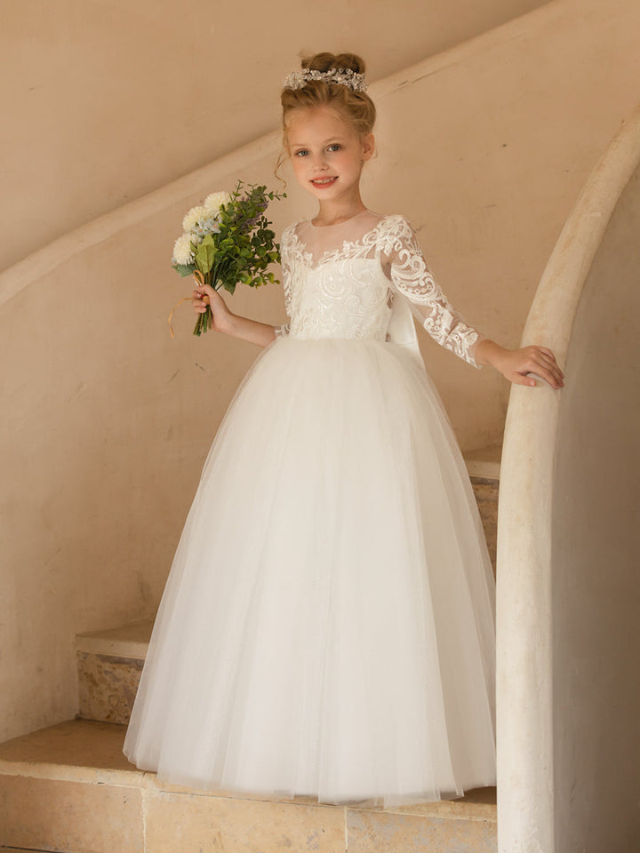Crew Neck Tulle Flower Girl Dresses with Applique &amp; Satin Bowknot
