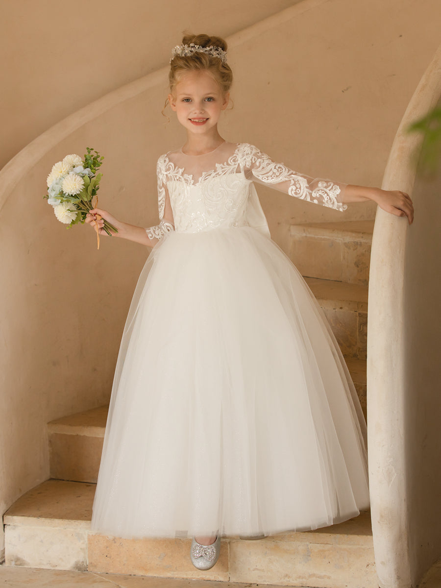 Crew Neck Tulle Flower Girl Dresses with Applique &amp; Satin Bowknot