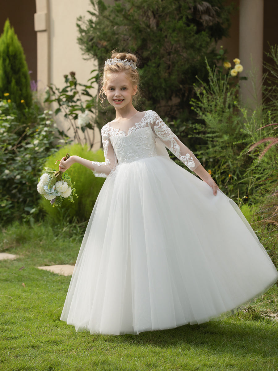 Crew Neck Tulle Flower Girl Dresses with Applique &amp; Satin Bowknot