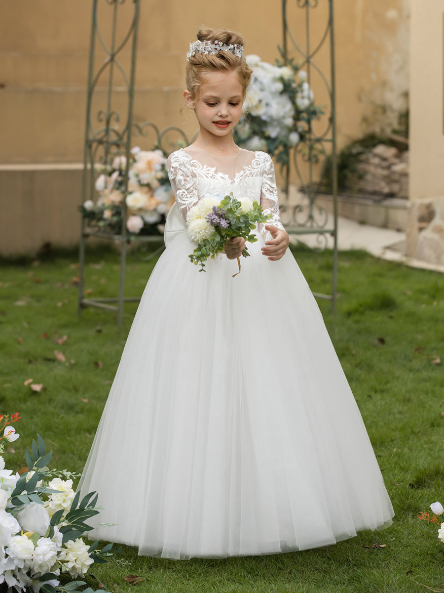 Crew Neck Tulle Flower Girl Dresses with Applique &amp; Satin Bowknot