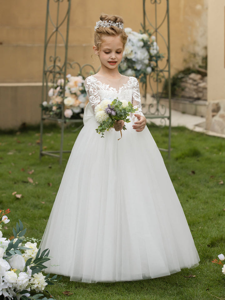 Crew Neck Tulle Flower Girl Dresses with Applique &amp; Satin Bowknot