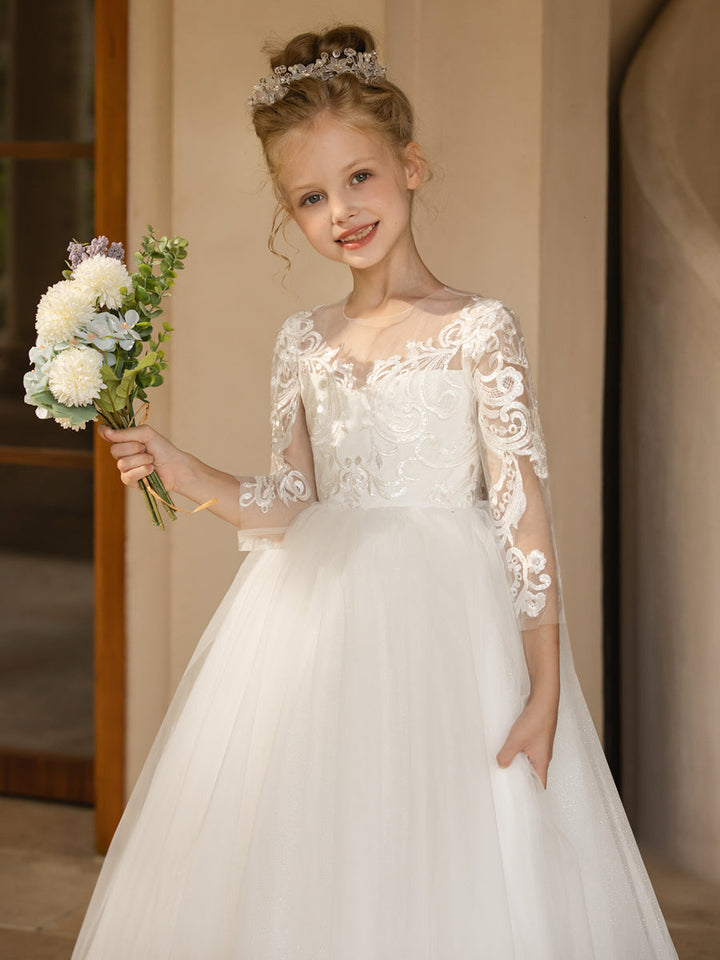 Crew Neck Tulle Flower Girl Dresses with Applique &amp; Satin Bowknot