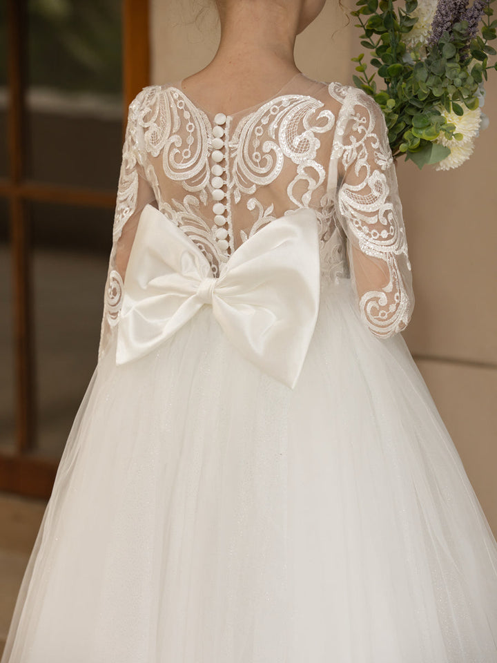 Crew Neck Tulle Flower Girl Dresses with Applique &amp; Satin Bowknot
