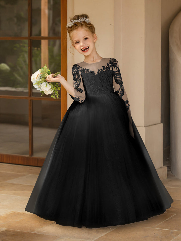 Crew Neck Tulle Flower Girl Dresses with Applique &amp; Satin Bowknot