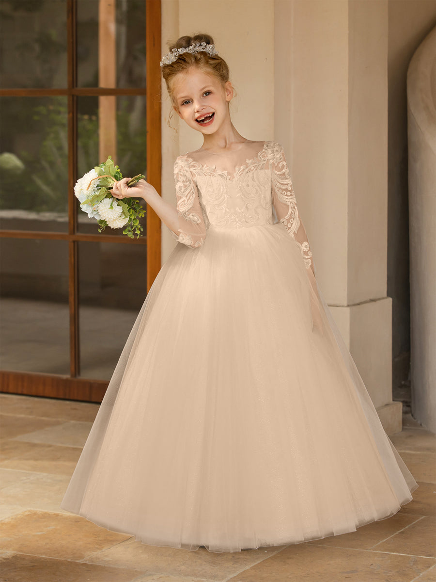 Crew Neck Tulle Flower Girl Dresses with Applique &amp; Satin Bowknot