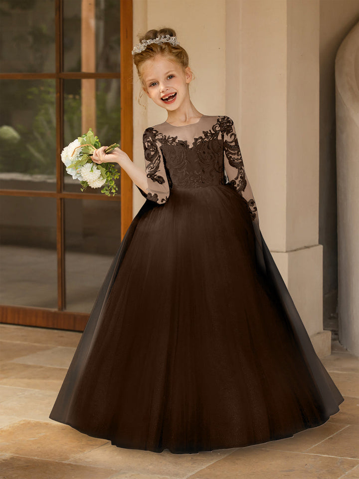 Crew Neck Tulle Flower Girl Dresses with Applique &amp; Satin Bowknot