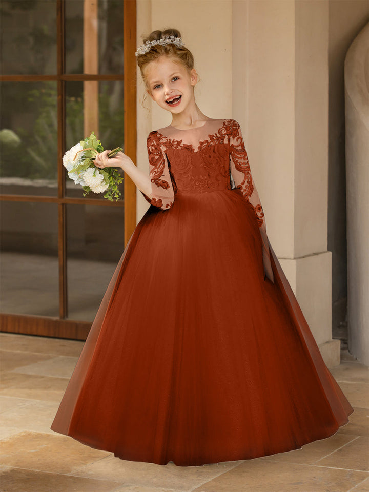 Crew Neck Tulle Flower Girl Dresses with Applique &amp; Satin Bowknot