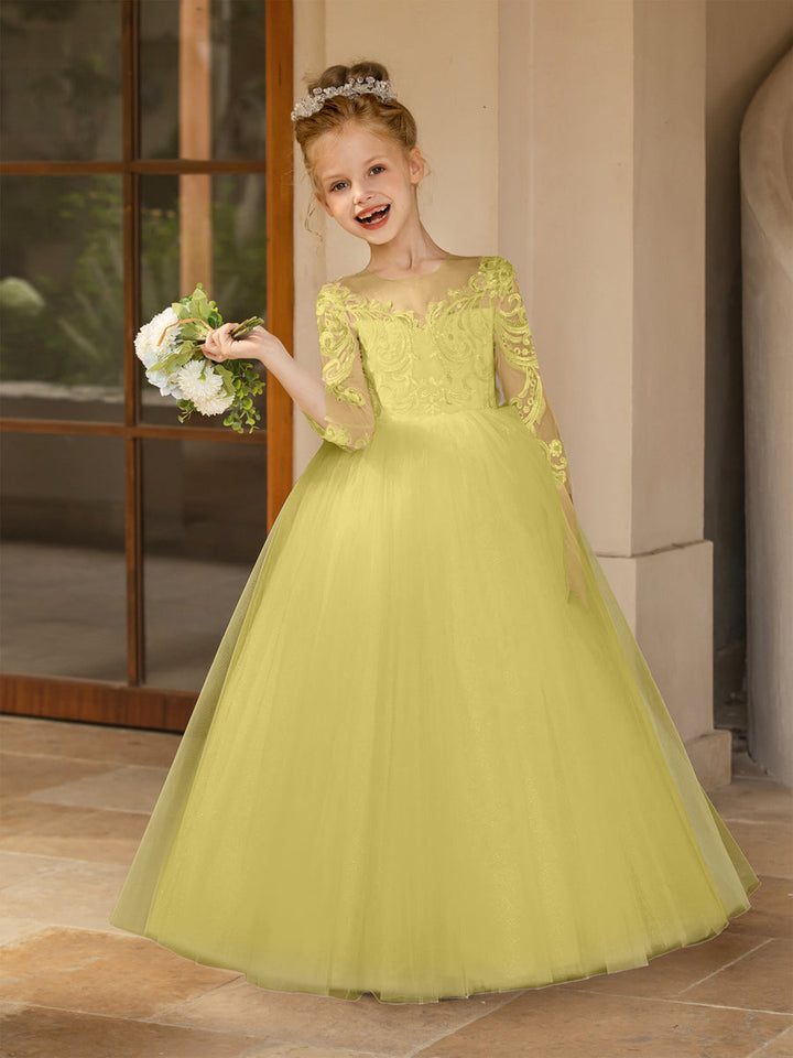 Crew Neck Tulle Flower Girl Dresses with Applique &amp; Satin Bowknot