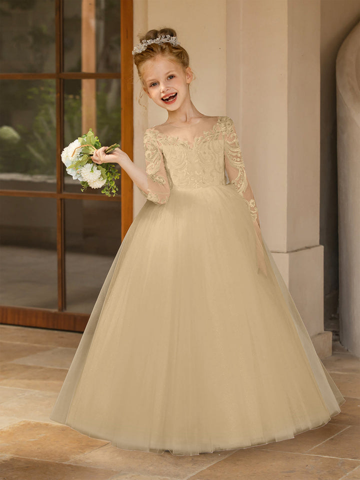 Crew Neck Tulle Flower Girl Dresses with Applique &amp; Satin Bowknot