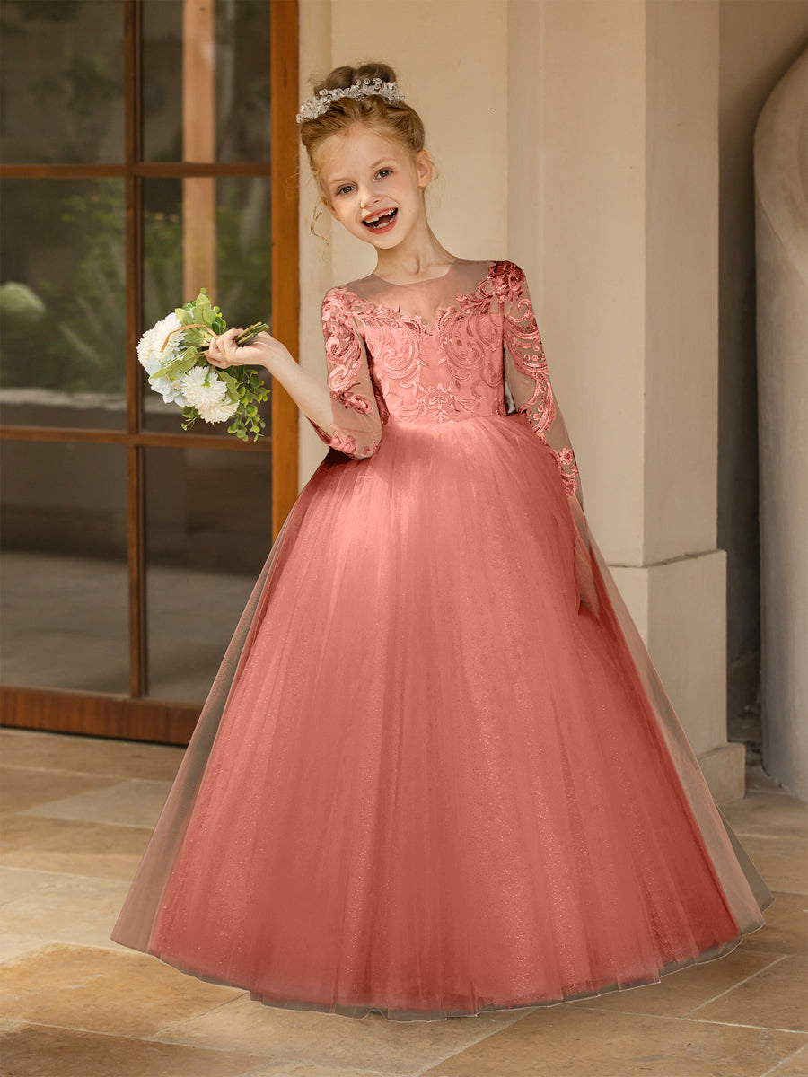 Crew Neck Tulle Flower Girl Dresses with Applique &amp; Satin Bowknot