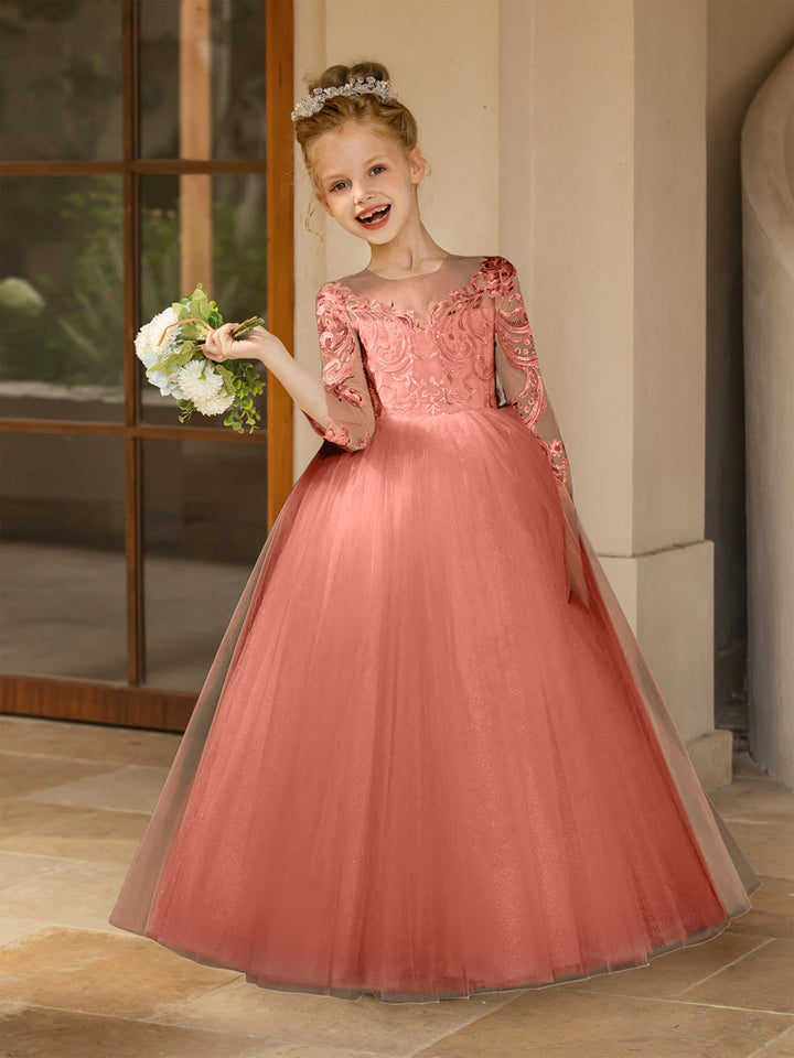 Crew Neck Tulle Flower Girl Dresses with Applique &amp; Satin Bowknot
