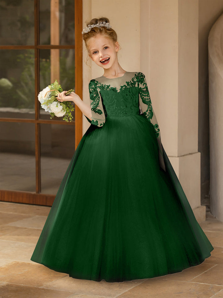 Crew Neck Tulle Flower Girl Dresses with Applique &amp; Satin Bowknot