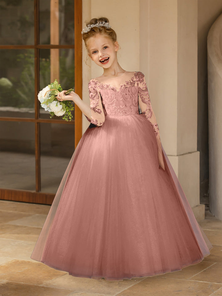 Crew Neck Tulle Flower Girl Dresses with Applique &amp; Satin Bowknot