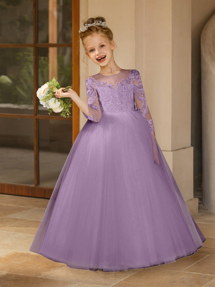 Crew Neck Tulle Flower Girl Dresses with Applique &amp; Satin Bowknot
