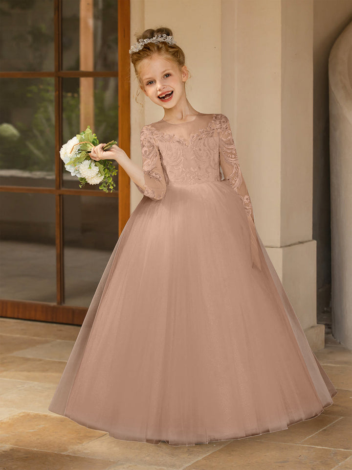 Crew Neck Tulle Flower Girl Dresses with Applique &amp; Satin Bowknot