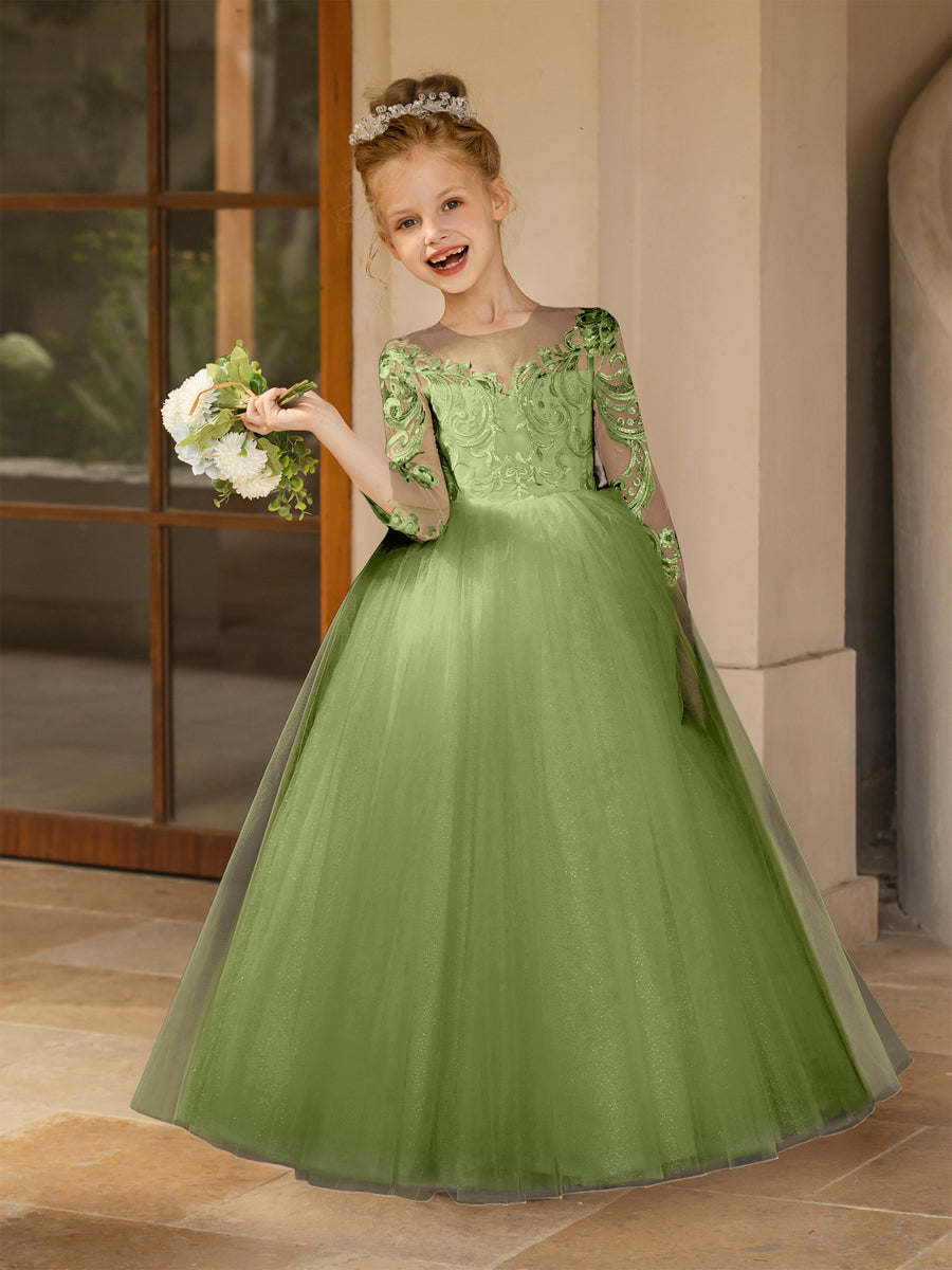Crew Neck Tulle Flower Girl Dresses with Applique &amp; Satin Bowknot
