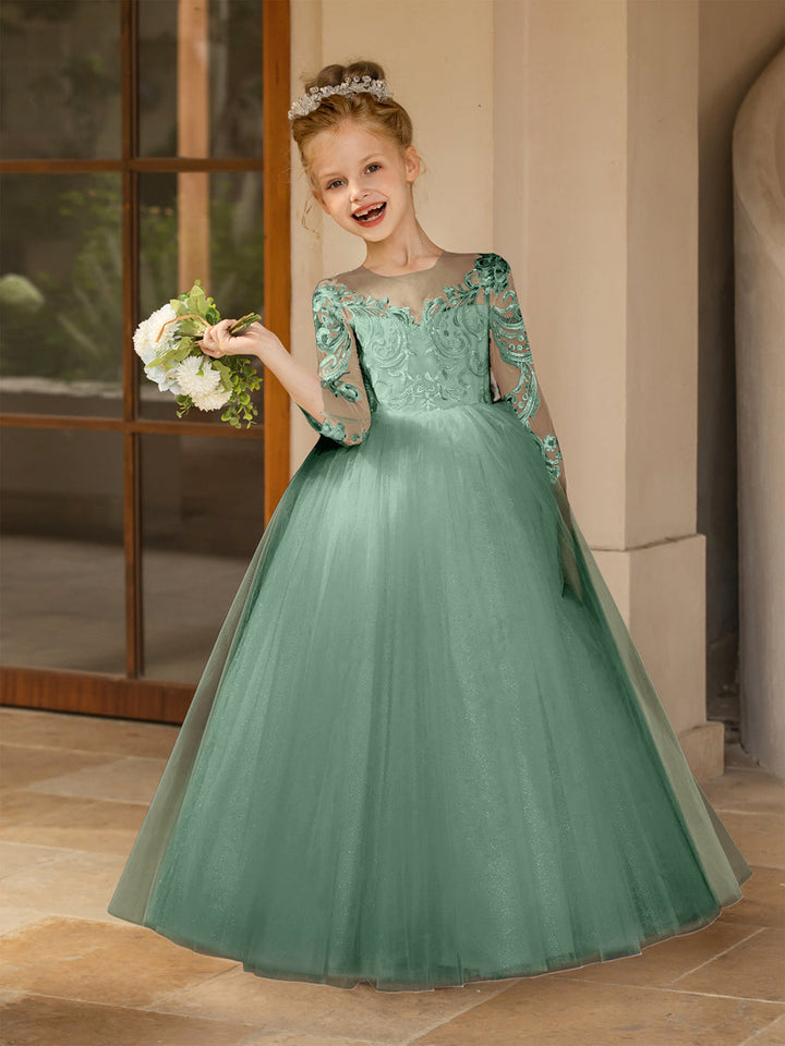 Crew Neck Tulle Flower Girl Dresses with Applique &amp; Satin Bowknot