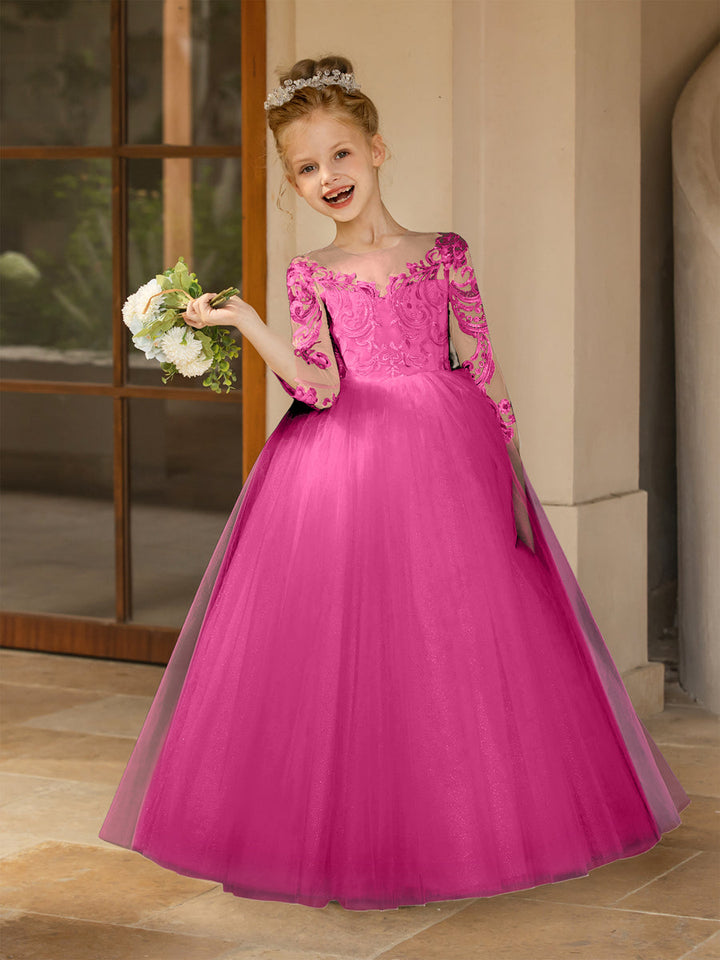 Crew Neck Tulle Flower Girl Dresses with Applique &amp; Satin Bowknot