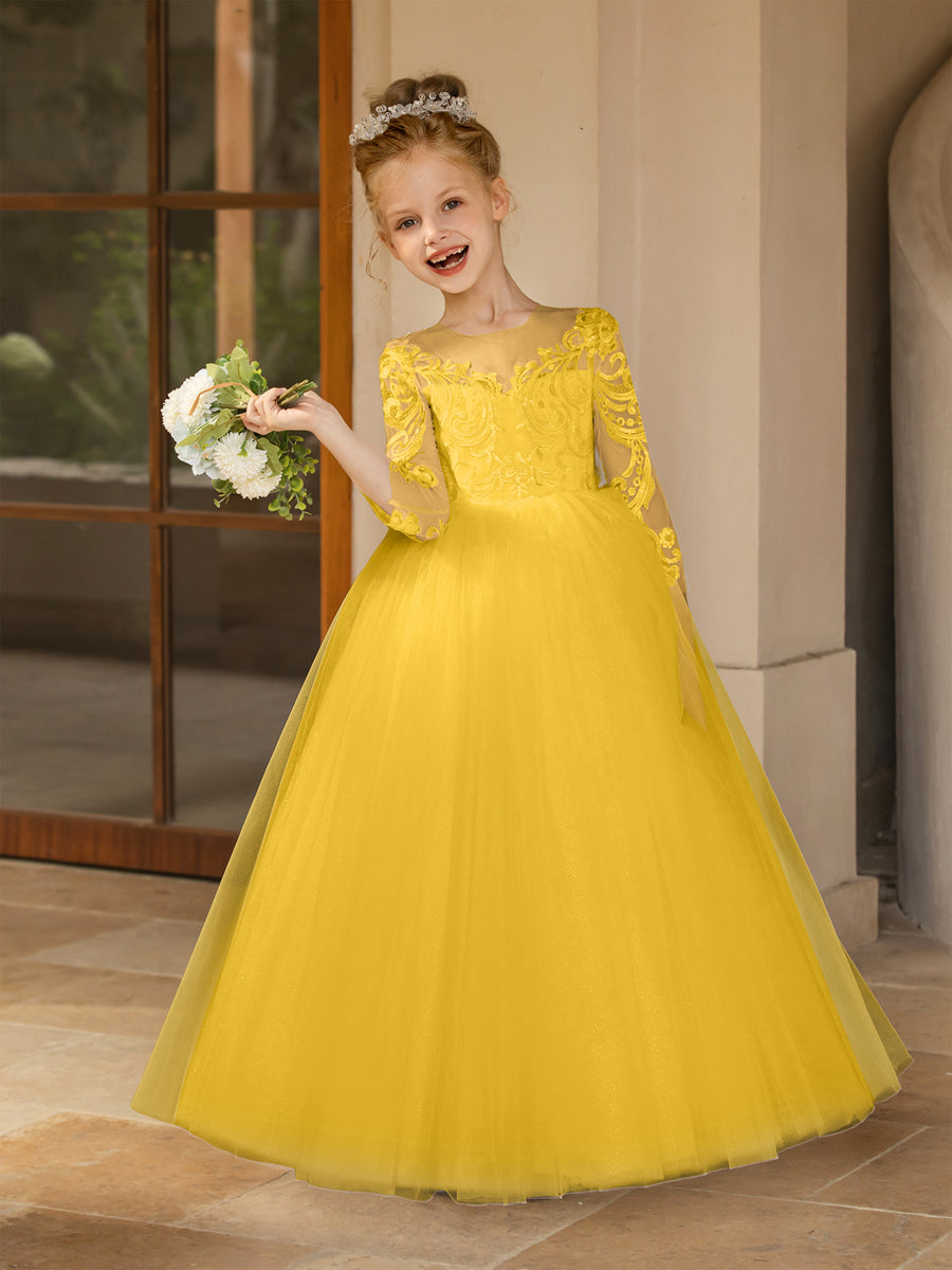 Crew Neck Tulle Flower Girl Dresses with Applique &amp; Satin Bowknot