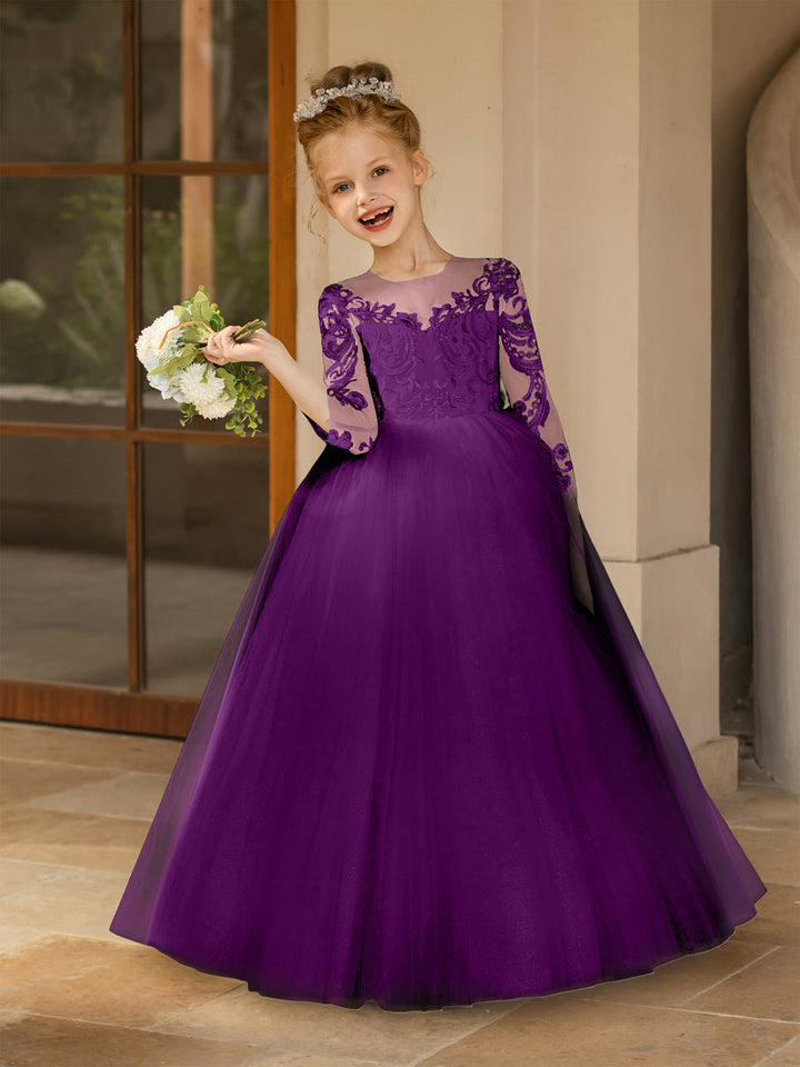 Crew Neck Tulle Flower Girl Dresses with Applique &amp; Satin Bowknot