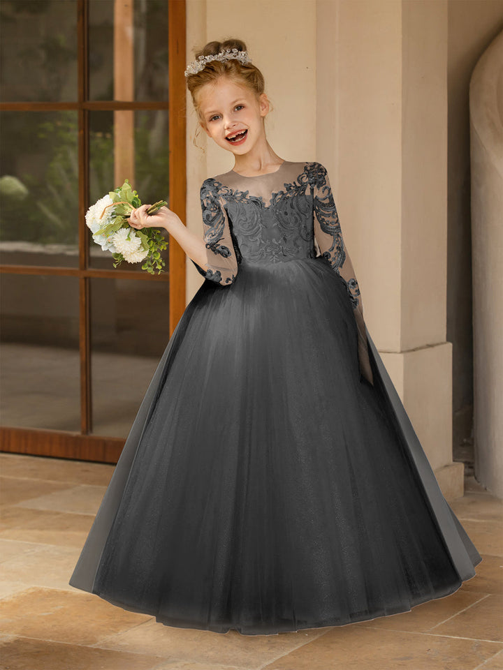 Crew Neck Tulle Flower Girl Dresses with Applique &amp; Satin Bowknot
