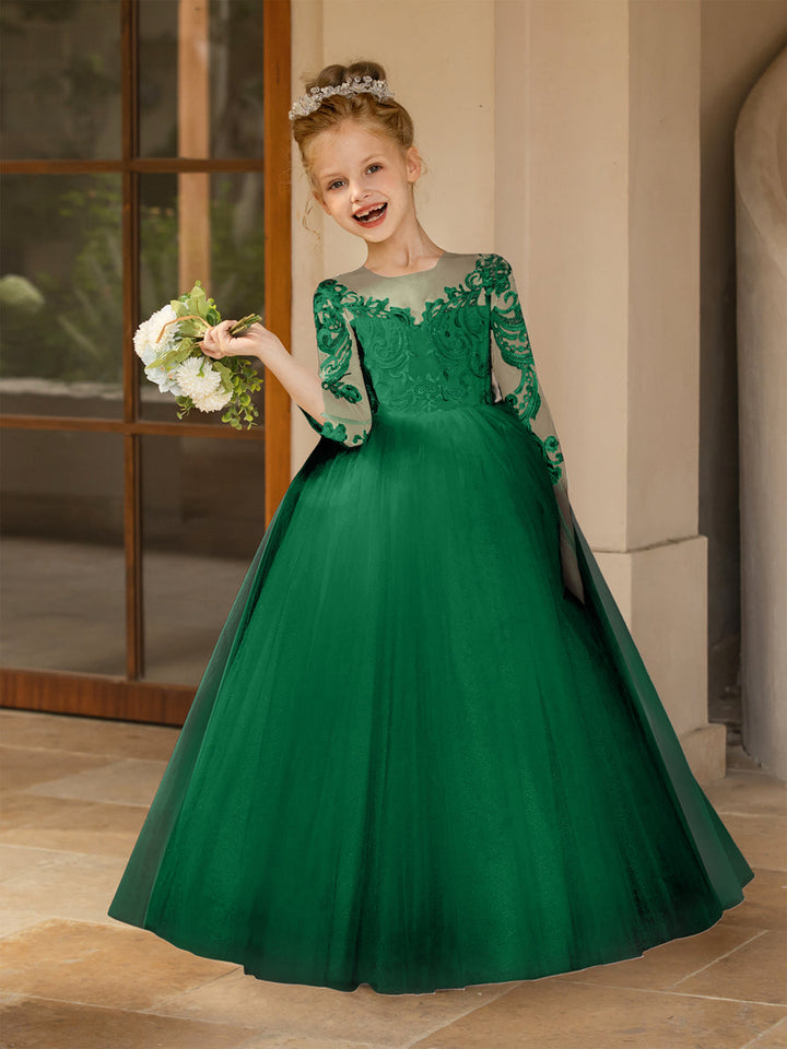Crew Neck Tulle Flower Girl Dresses with Applique &amp; Satin Bowknot