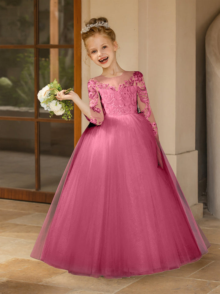 Crew Neck Tulle Flower Girl Dresses with Applique &amp; Satin Bowknot