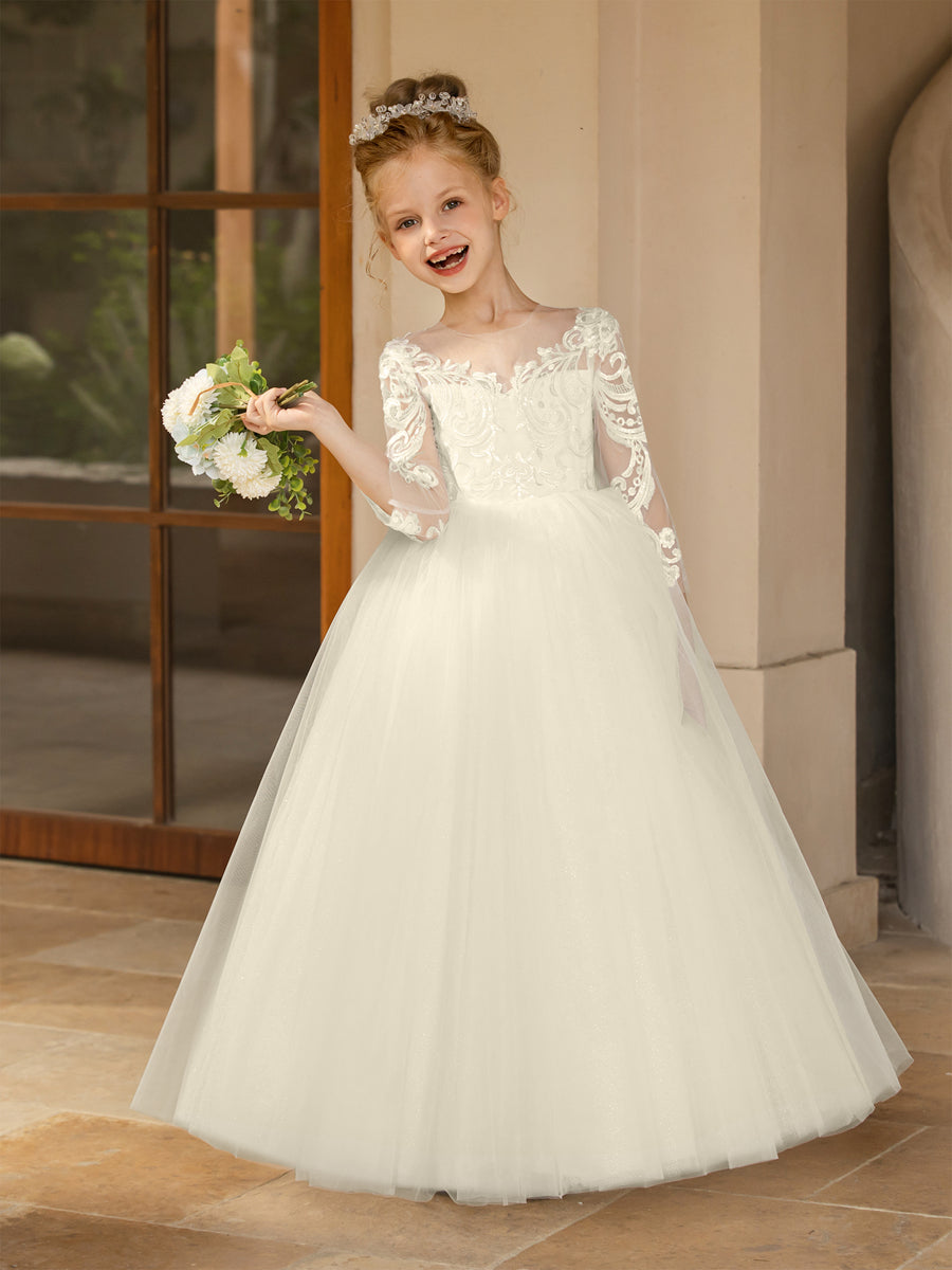 Crew Neck Tulle Flower Girl Dresses with Applique &amp; Satin Bowknot