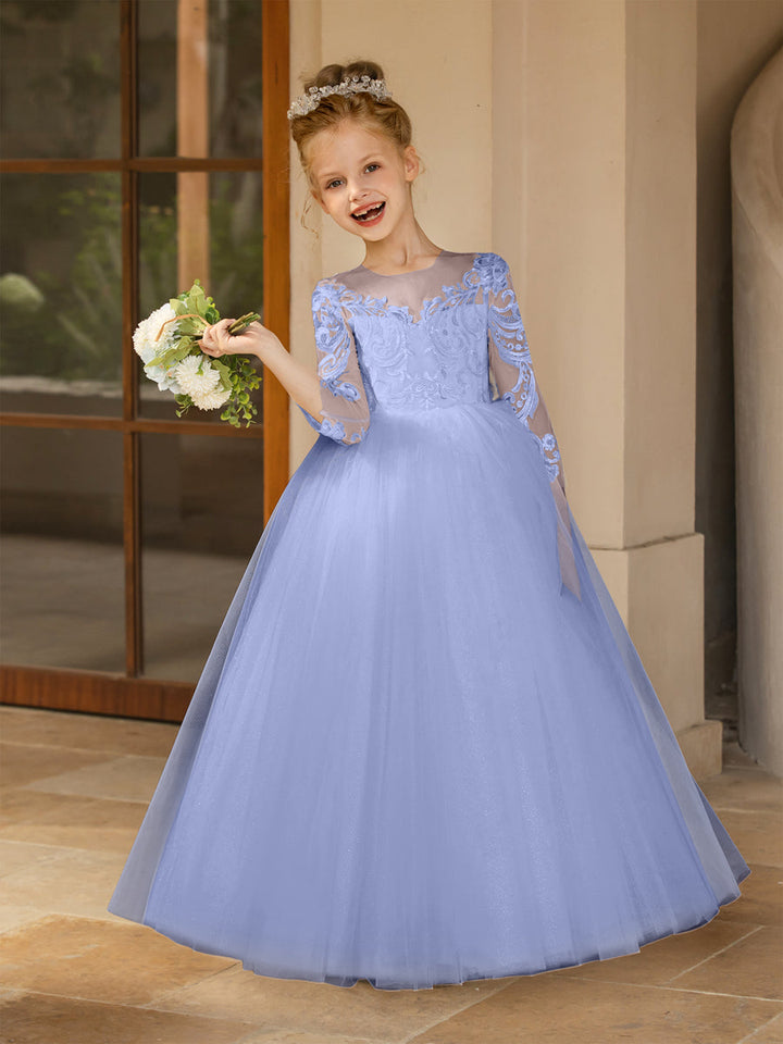 Crew Neck Tulle Flower Girl Dresses with Applique &amp; Satin Bowknot