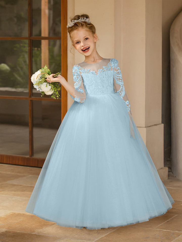 Crew Neck Tulle Flower Girl Dresses with Applique &amp; Satin Bowknot