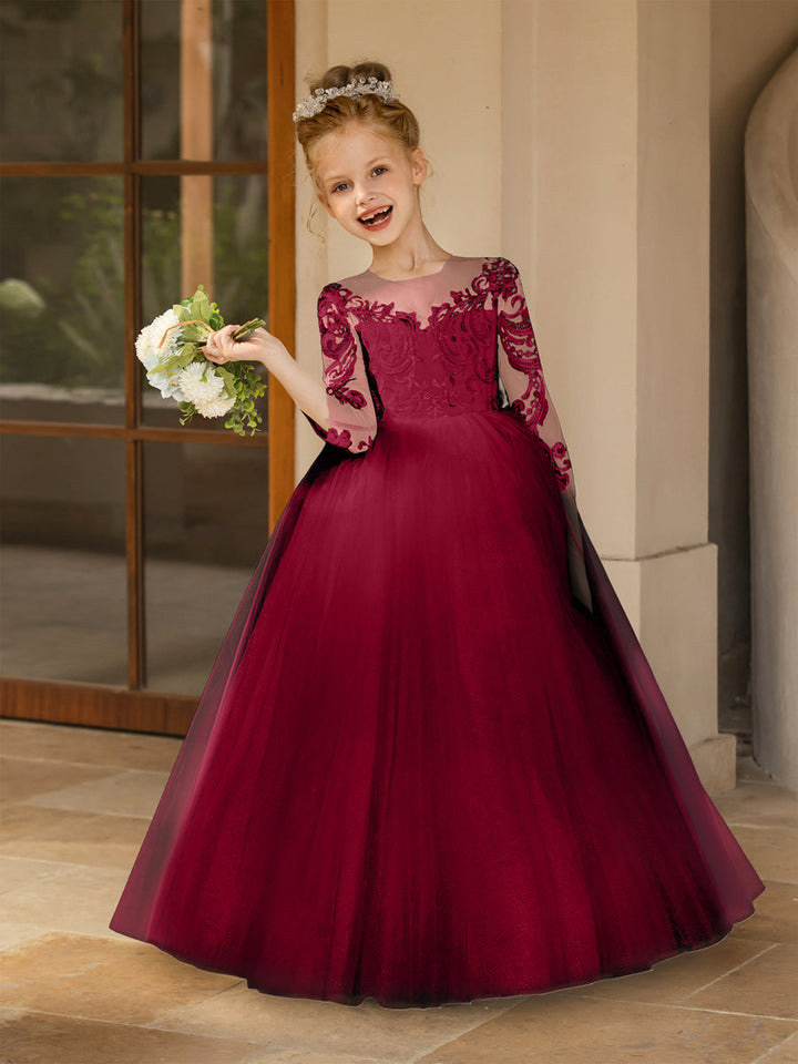 Crew Neck Tulle Flower Girl Dresses with Applique &amp; Satin Bowknot