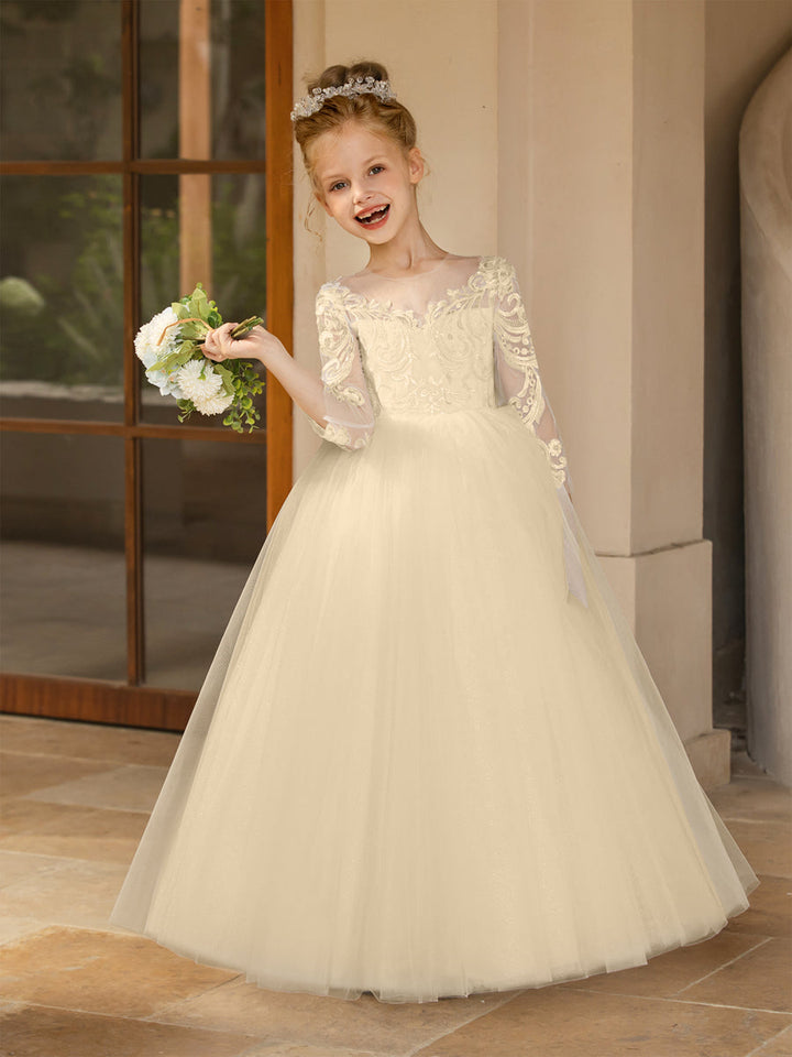 Crew Neck Tulle Flower Girl Dresses with Applique &amp; Satin Bowknot