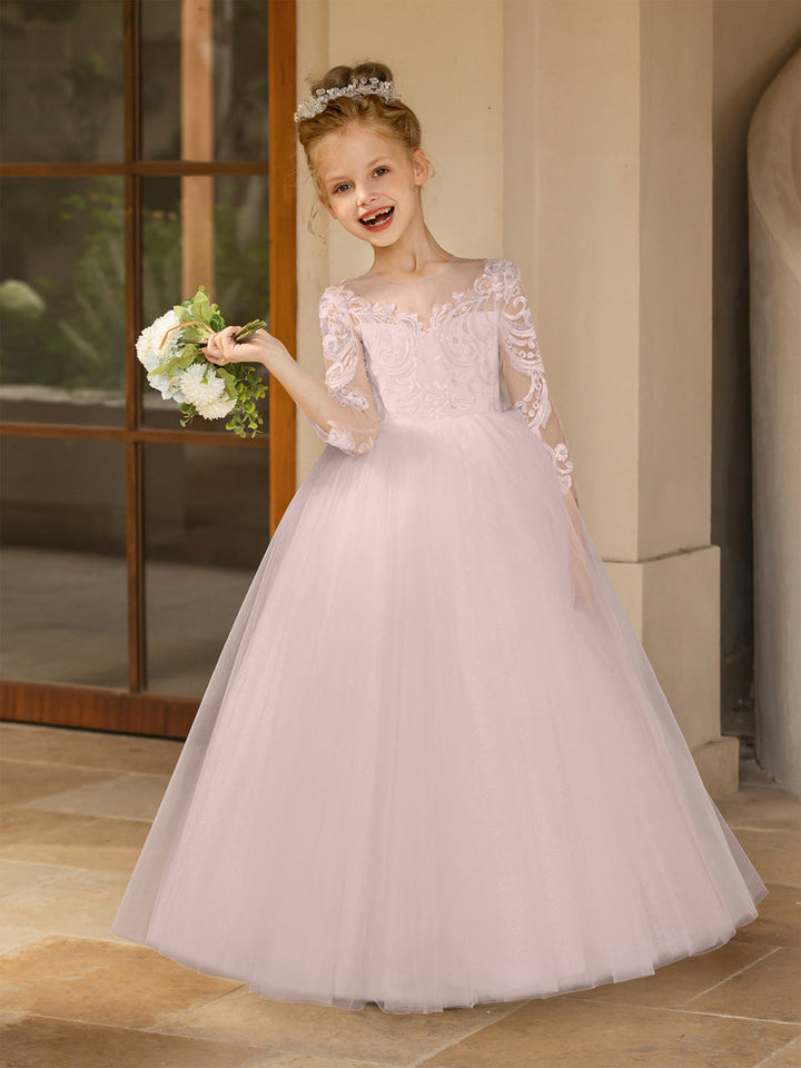 Crew Neck Tulle Flower Girl Dresses with Applique &amp; Satin Bowknot