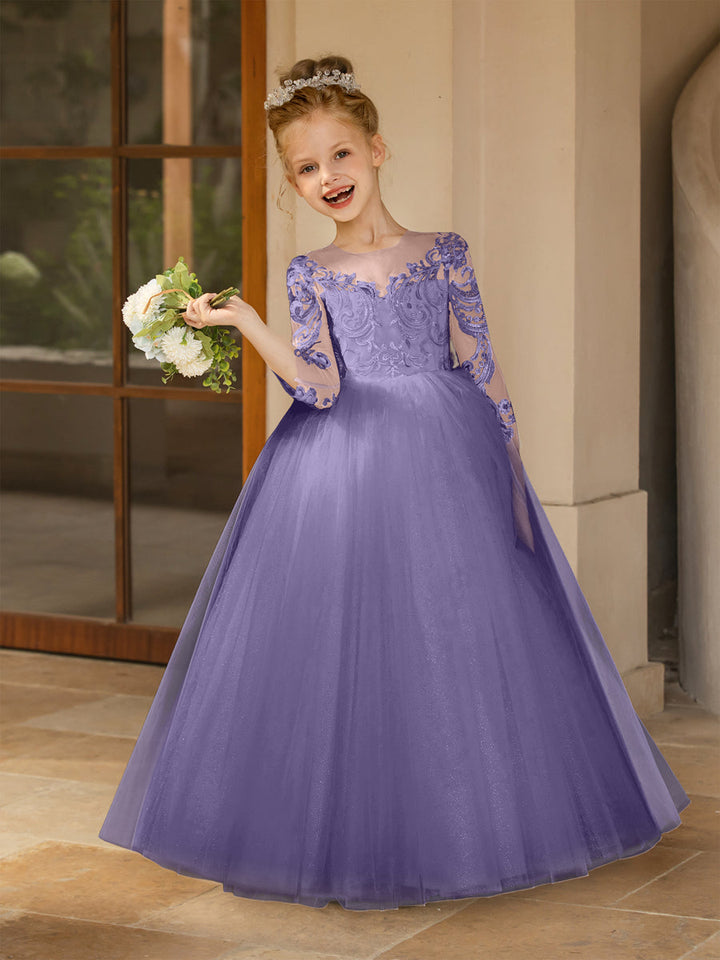 Crew Neck Tulle Flower Girl Dresses with Applique &amp; Satin Bowknot