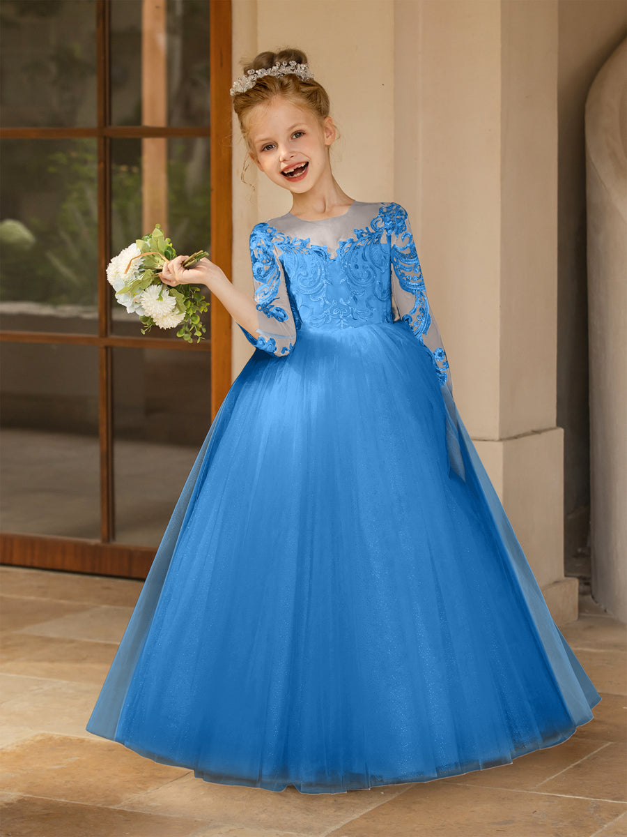 Crew Neck Tulle Flower Girl Dresses with Applique &amp; Satin Bowknot