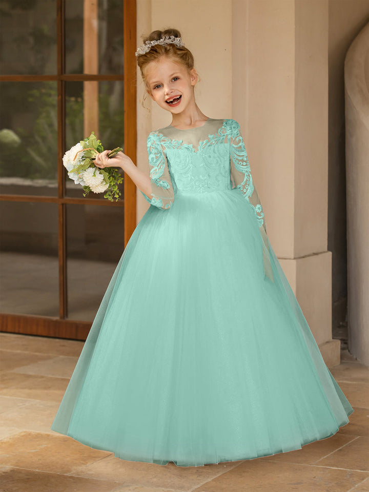 Crew Neck Tulle Flower Girl Dresses with Applique &amp; Satin Bowknot
