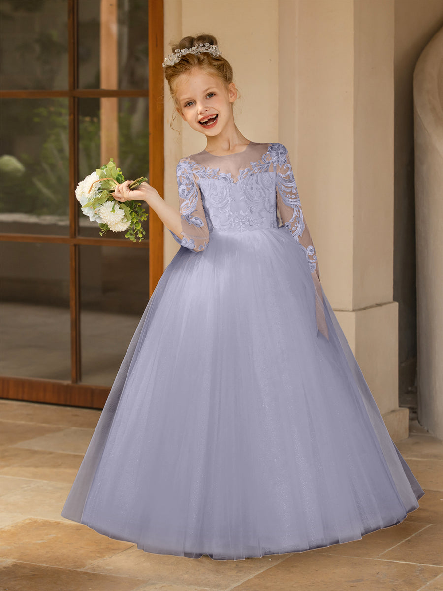 Crew Neck Tulle Flower Girl Dresses with Applique &amp; Satin Bowknot