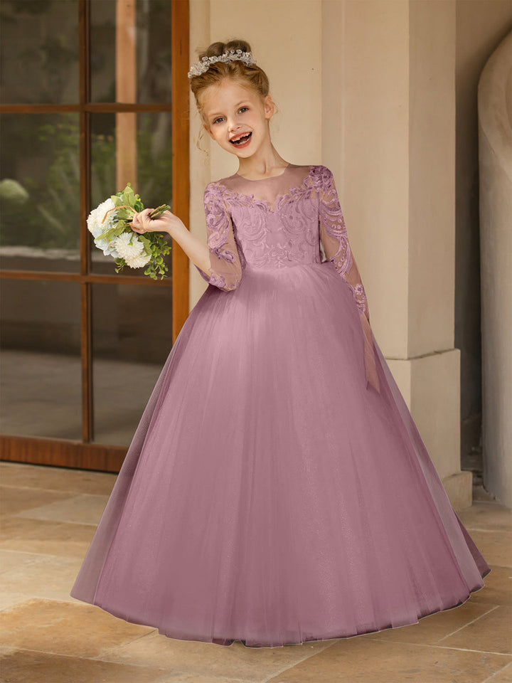 Crew Neck Tulle Flower Girl Dresses with Applique &amp; Satin Bowknot
