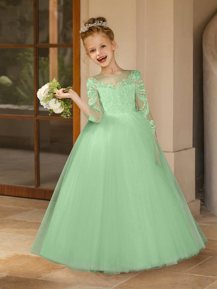 Crew Neck Tulle Flower Girl Dresses with Applique &amp; Satin Bowknot