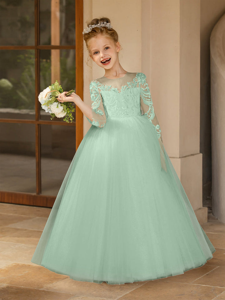 Crew Neck Tulle Flower Girl Dresses with Applique &amp; Satin Bowknot