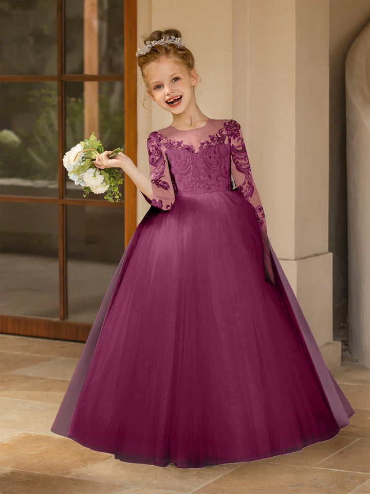 Crew Neck Tulle Flower Girl Dresses with Applique &amp; Satin Bowknot