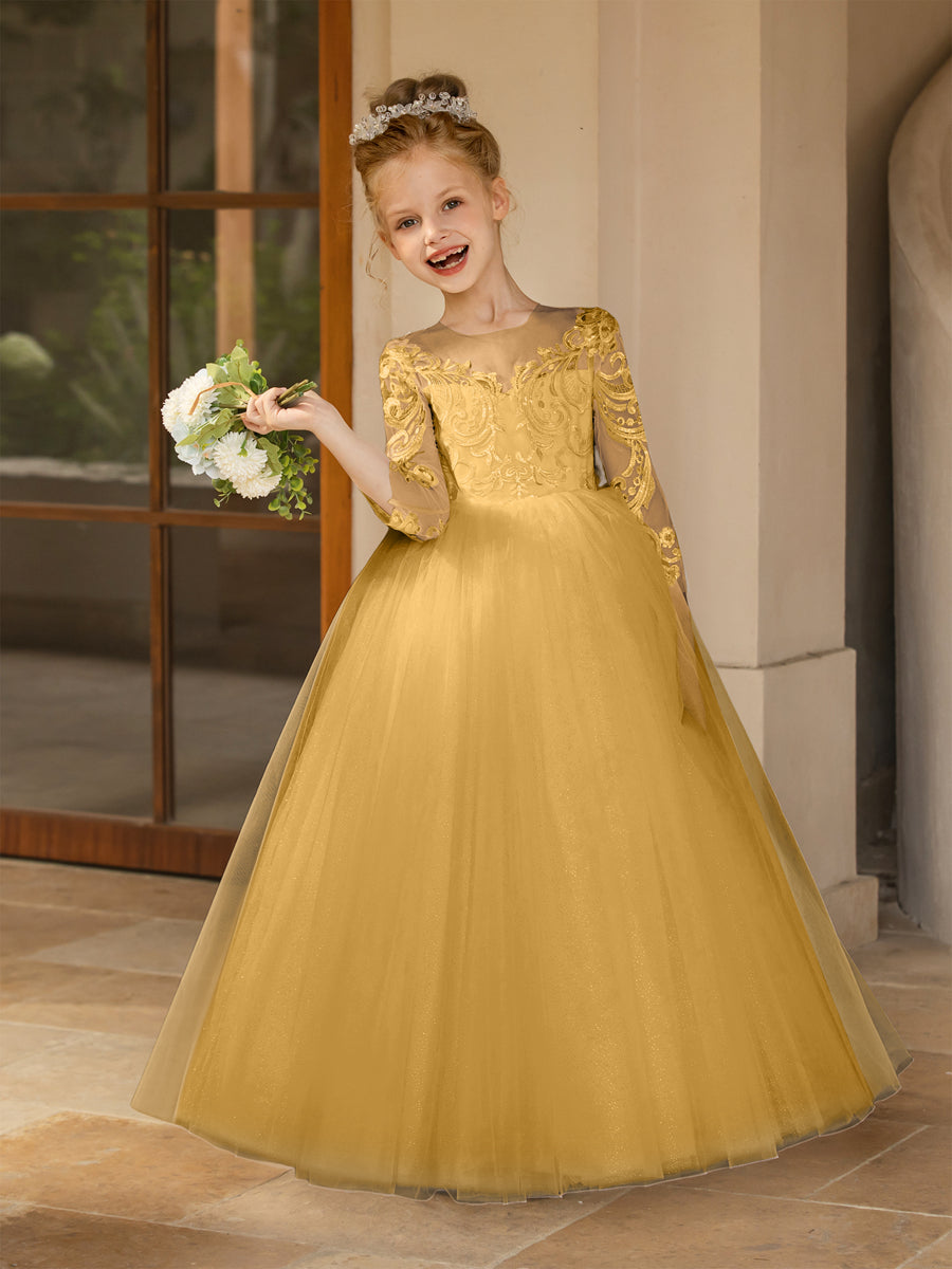 Crew Neck Tulle Flower Girl Dresses with Applique &amp; Satin Bowknot