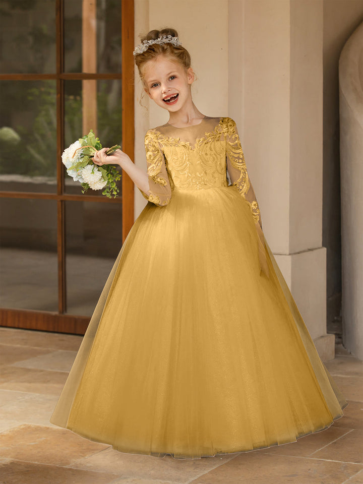 Crew Neck Tulle Flower Girl Dresses with Applique &amp; Satin Bowknot