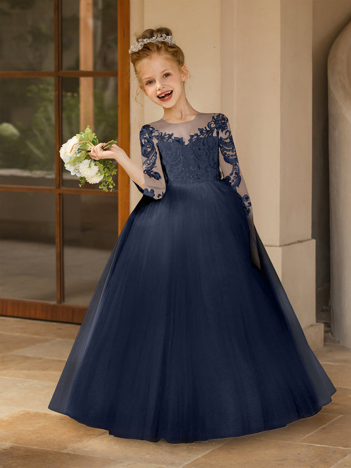 Crew Neck Tulle Flower Girl Dresses with Applique &amp; Satin Bowknot