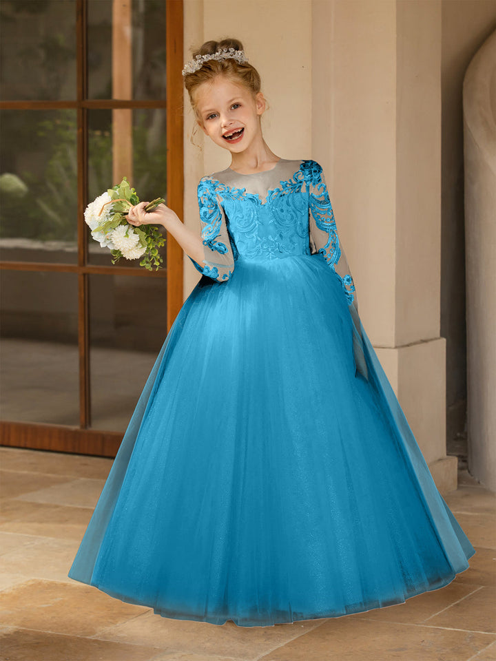 Crew Neck Tulle Flower Girl Dresses with Applique &amp; Satin Bowknot