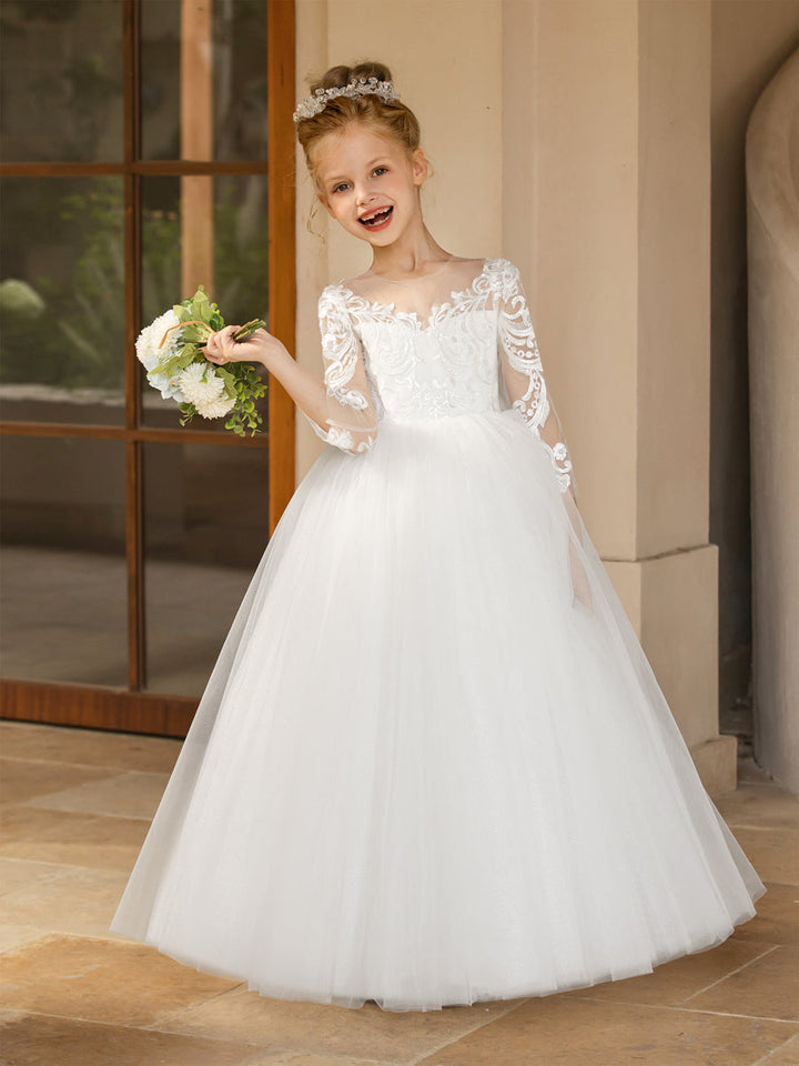 Crew Neck Tulle Flower Girl Dresses with Applique &amp; Satin Bowknot