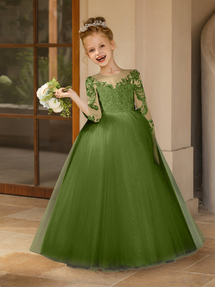 Crew Neck Tulle Flower Girl Dresses with Applique &amp; Satin Bowknot