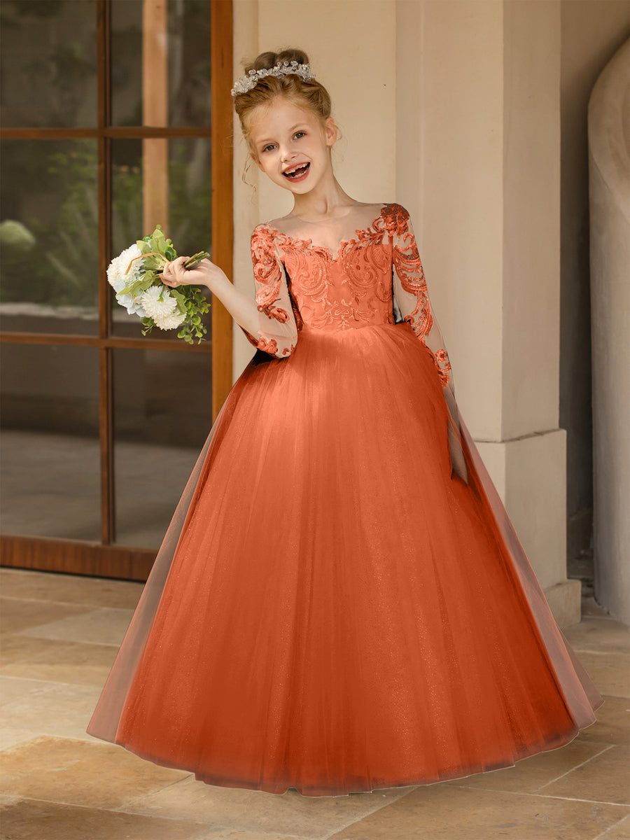 Crew Neck Tulle Flower Girl Dresses with Applique &amp; Satin Bowknot